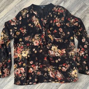 Forever 21 Black Floral Split-Neck Long Sleeve Blouse
